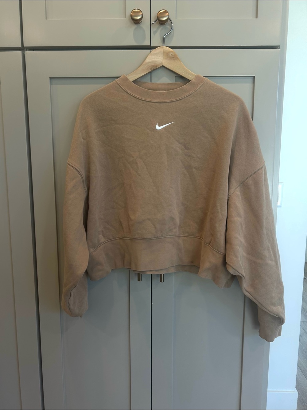 Nike Cropped Crewneck Sweatshirt in Taupe with White Swoosh